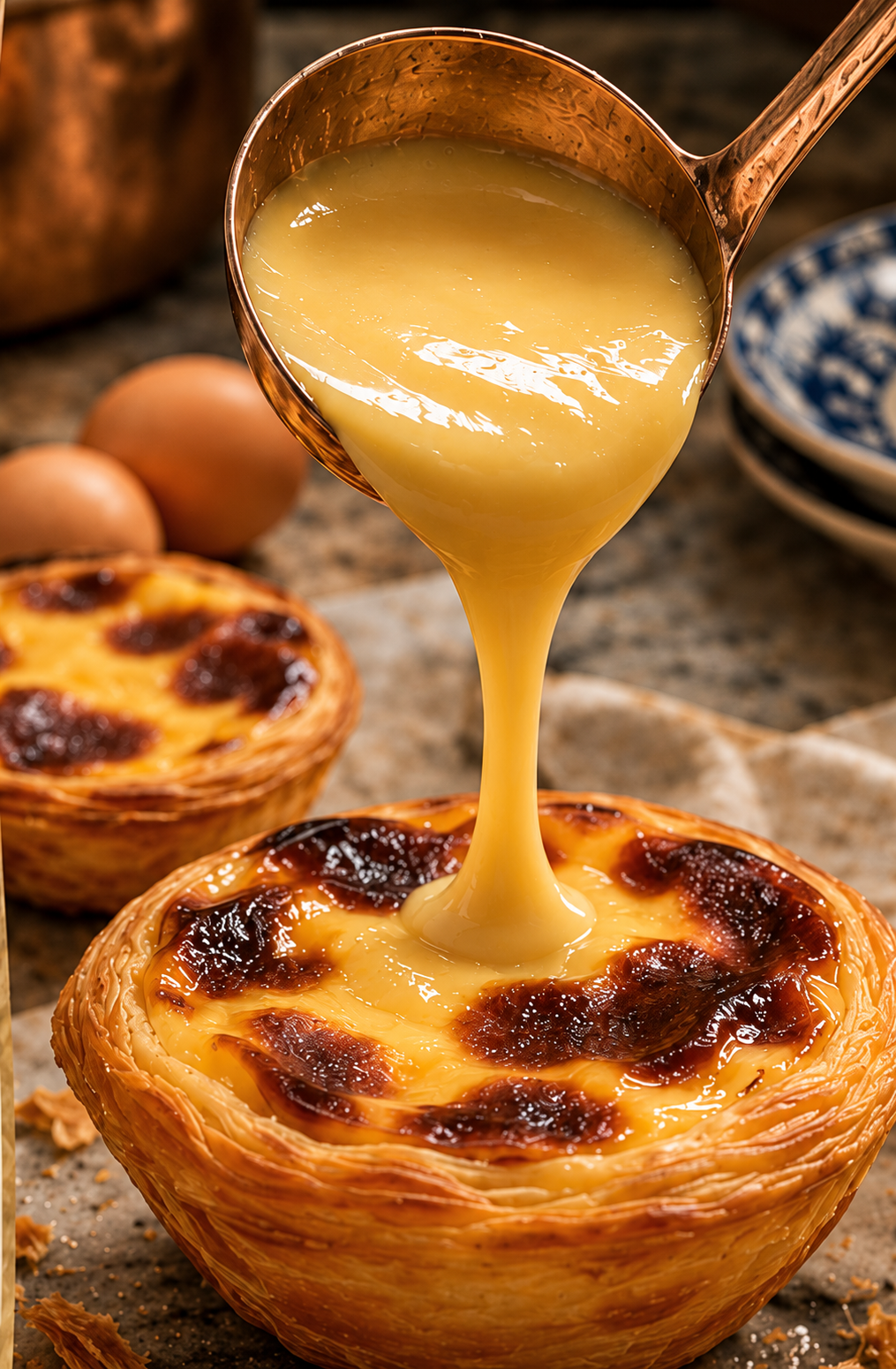 Mafraria custard being poured over a Pastel de Nata